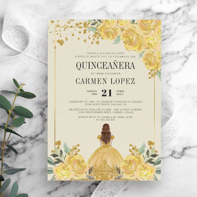 Convite Floral Glitter Dourado e princesa amarela Quincean (Criador carregado)