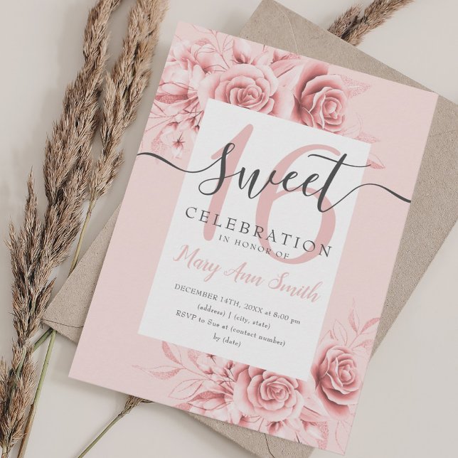 Convite Floral & Glitter Sweet 16, Rosa, cor-de-rosa (Rose Gold Floral & Glitter Sweet 16 Script Pink Invitation)