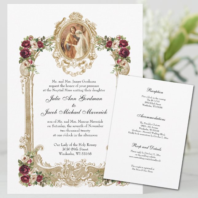 Convite Floral & Gold Catholic Wedding & Reception (Coordinating wedding prayer cards available in our shop. )