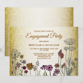 Convite Floral Gold Glitter Wedding Engagement Party