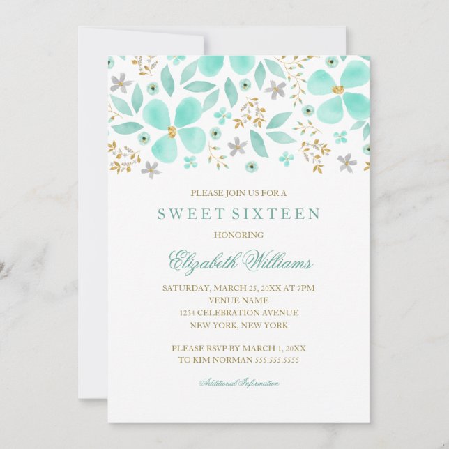 Convite Floral Gold Mint Leaf Sweet 16 (Frente)