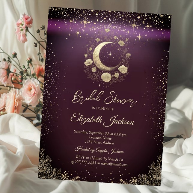 Convite Floral Gold Moon,Stars Burgundy Bridal Shower (Criador carregado)