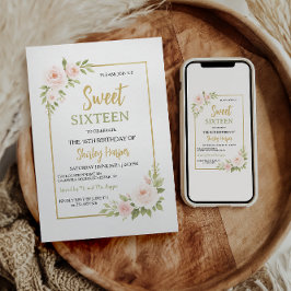 Convite Floral Gold Script Sweet Sixteen Birthday 