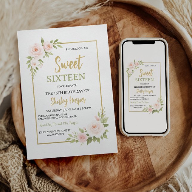 Convite Floral Gold Script Sweet Sixteen Birthday  (Criador carregado)
