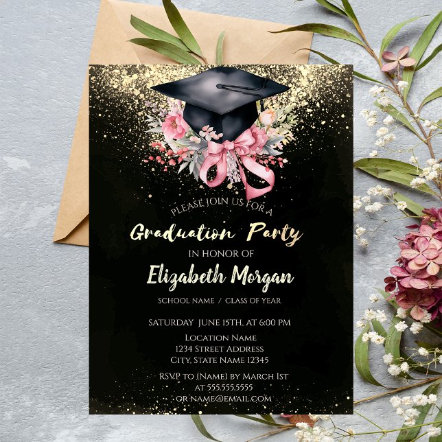 Convite Floral Grad Cap, Bow Confetti Graduation Party (Criador carregado)