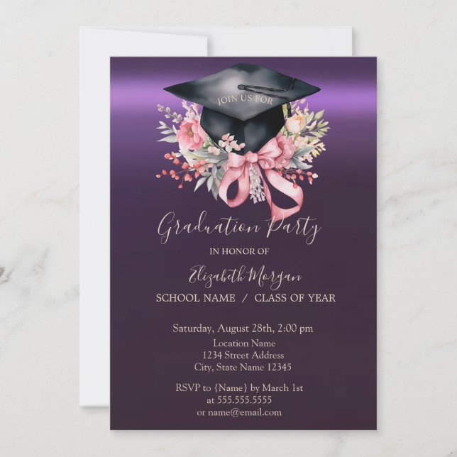 Convite Floral Graduation Cap,Bow Purple Graduation  (Frente)
