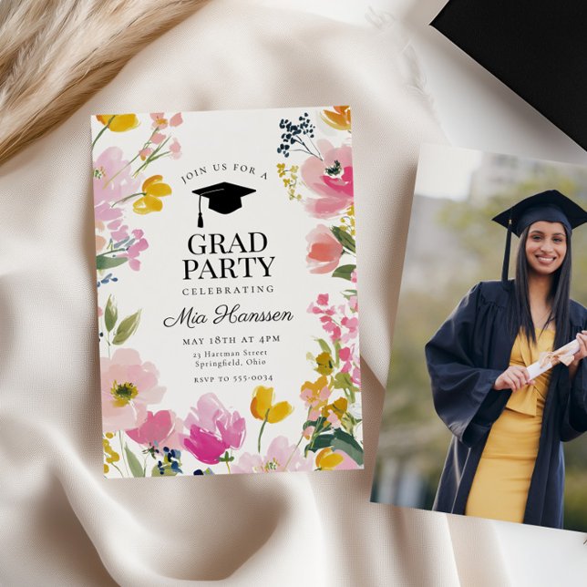 Convite Floral Graduation Party Invitation Photo Back (Criador carregado)