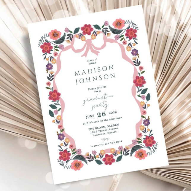Convite Floral Graduation Party Ribbon Frame (Floral Graduation Party Ribbon Frame Invitation)