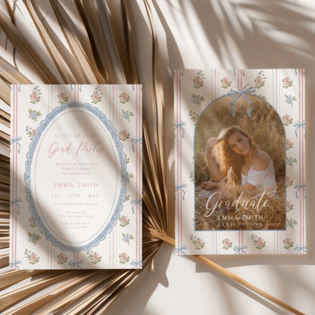 Convite Floral Graduation Photo Announcement Card Blue Bow (Criador carregado)