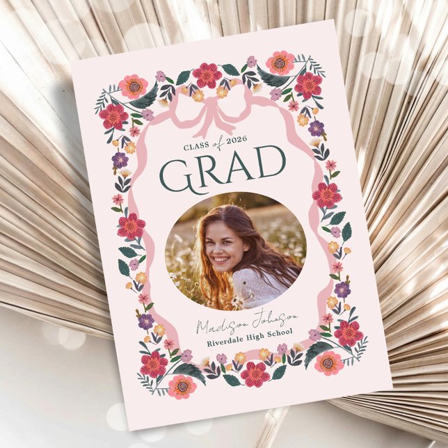 Convite Floral Graduation Photo Elegant Grad (Floral Graduation Photo Elegant Grad Invitation)