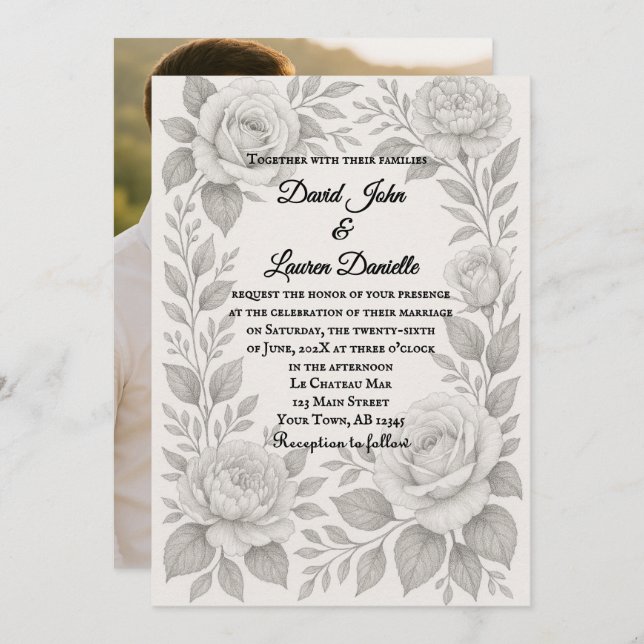 Convite Floral Graphite Photo Wedding Invitation (Frente/Verso)