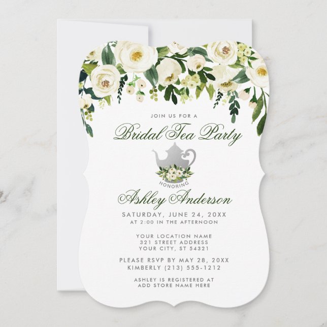 Convite Floral Green Bridal Tea Party Silver Invite (Frente)