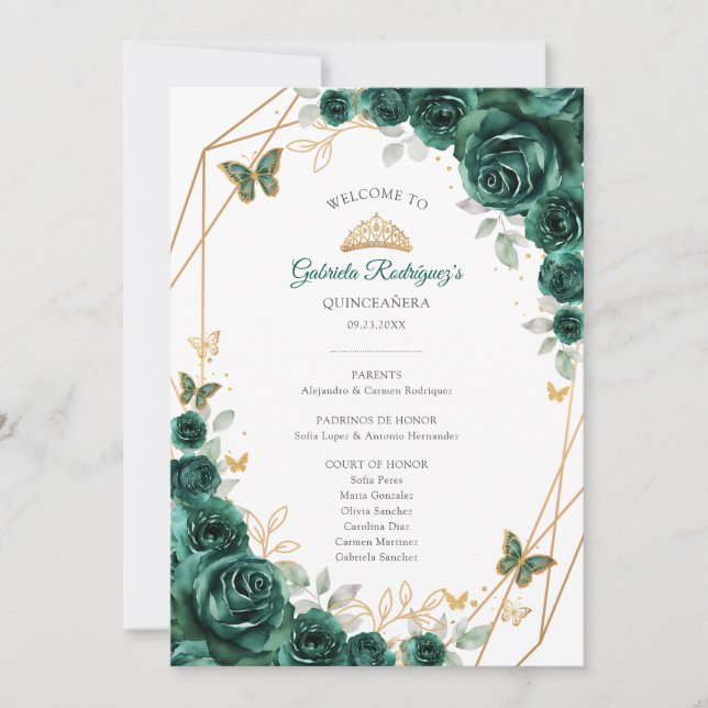 Convite Floral Green Quinceanera Order of Events Program (Frente)