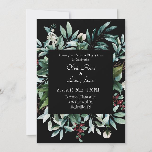Convite Floral Greenery Elegante Chic Script Name Wedding (Frente)