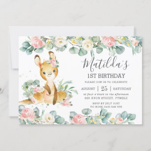 Convite Floral Greenery Eucalyptus Cute Kangaroo Aniversár