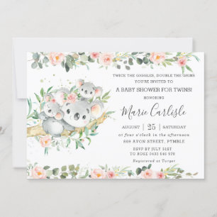 Convite Floral Greenery Koala Twins Boy Chá de fraldas