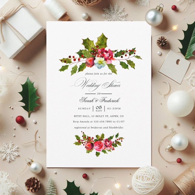 Convite Floral Holly, Chá de casamento de Natal (Christmas Wedding Shower Floral Holly Invitation)