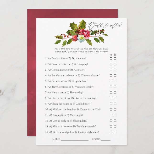 Convite Floral Holly jogo de Chá de panela de Natal (Frente/Verso)