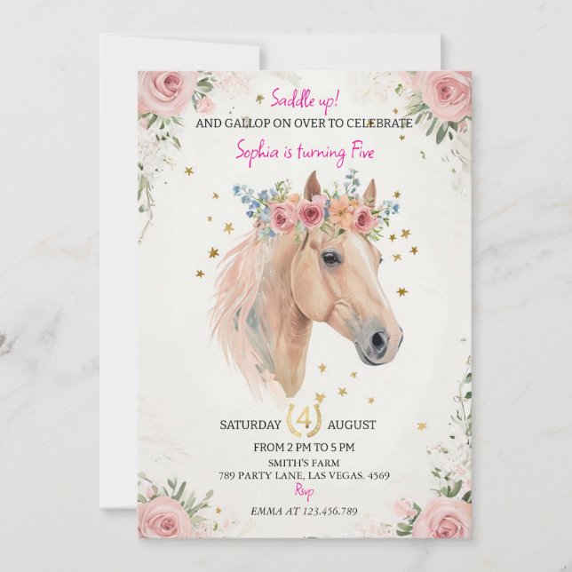 Convite Floral Horse Kids Birthday Invite Template (Frente)