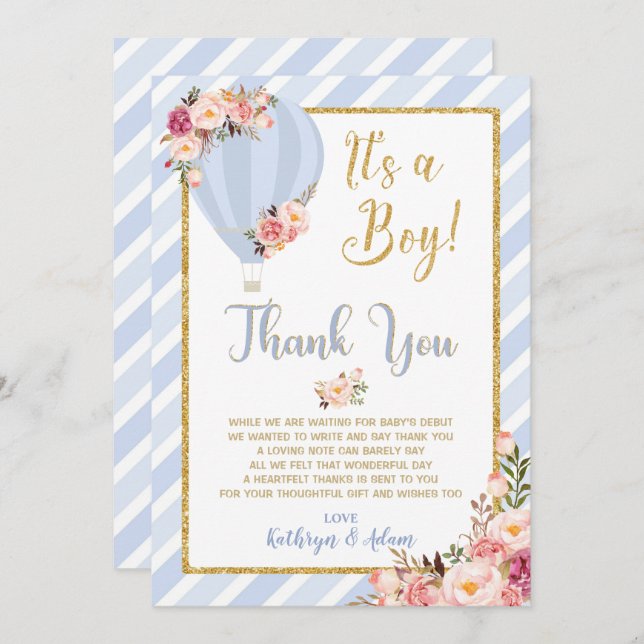 Convite Floral Hot Air Balloon Chá de fraldas Obrigado Car (Frente/Verso)