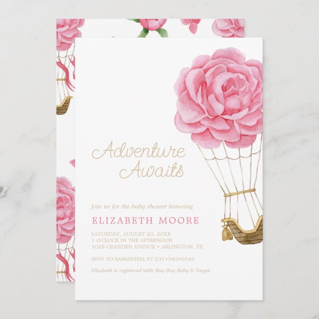 Convite Floral Hot Air Balloon Chá de fraldas Peony | (Frente/Verso)