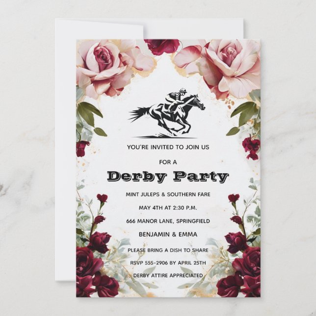 Convite Floral Kentucky Derby Party Invitation Horse Racin (Frente)