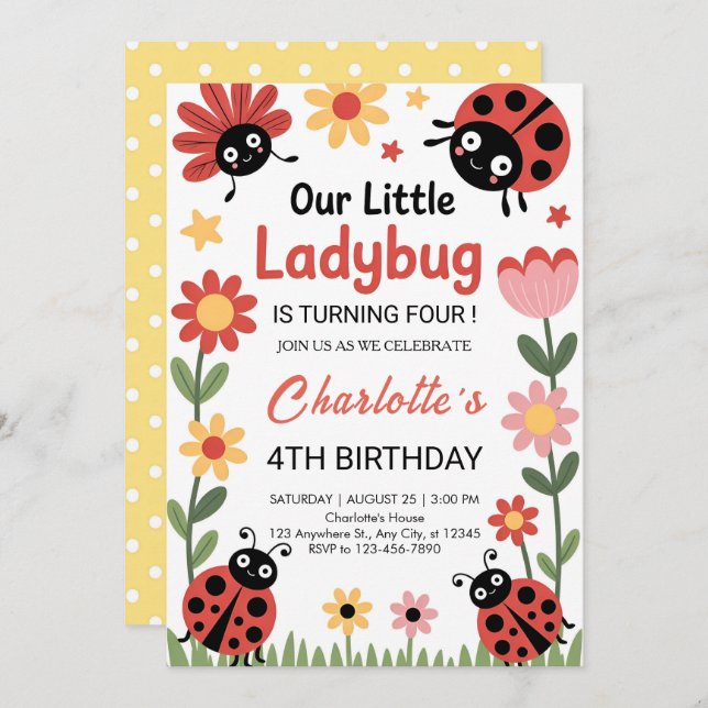 Convite Floral ladybug birthday (Frente/Verso)