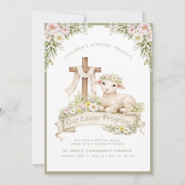 Convite Floral Lamb with Cross | Easter Program Invitation (Frente)