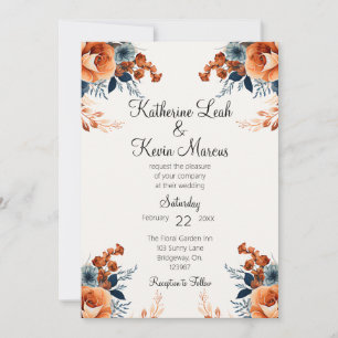 Convite Floral Laranja Azul-Marinho Elegante