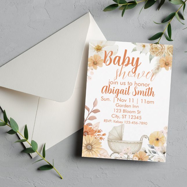 Convite Floral Laranja e Branco, Chuveiro de Bebê de Carru (Criador carregado)