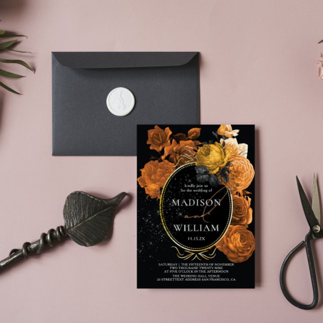 Convite Floral Laranja Negro de Casamento Elegante (Criador carregado)