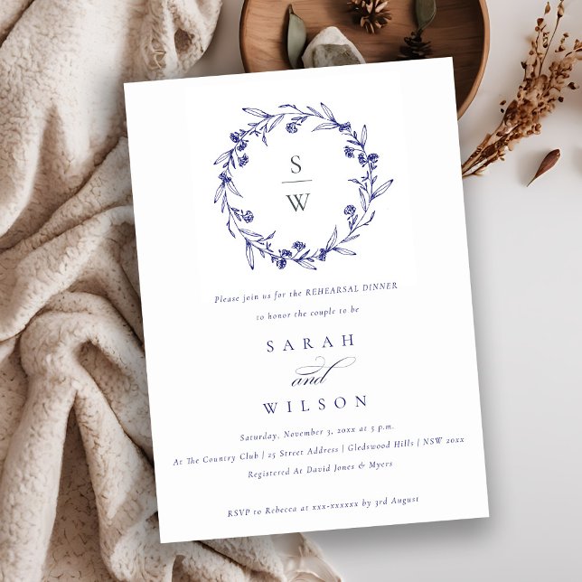 Convite Floral Laurel Wreath Marinho Blue Janto de ensaio (Criador carregado)
