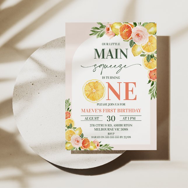 Convite Floral Lemon Laranja Nosso primeiro aniversario de (Our main squeeze is turning one 1st birthday invitation featuring lemons, oranges and flowers.)