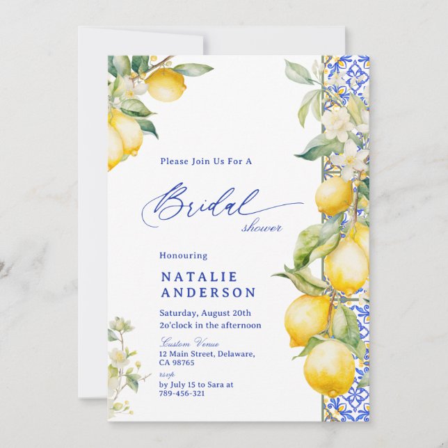 Convite Floral Lemon Mediterranean Blue Tile Bridal Shower (Frente)