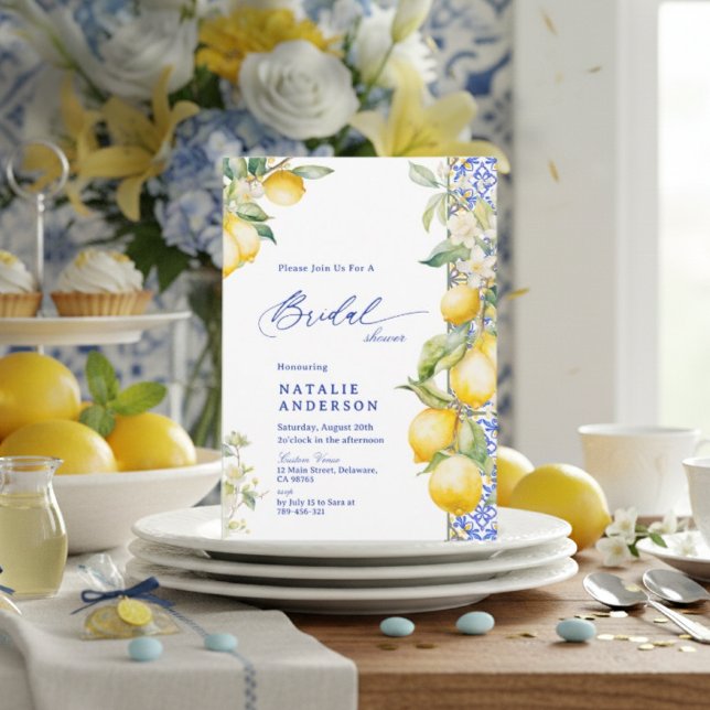 Convite Floral Lemon Mediterranean Blue Tile Bridal Shower (Floral Lemon Mediterranean Blue Tile Bridal Shower Invitation)
