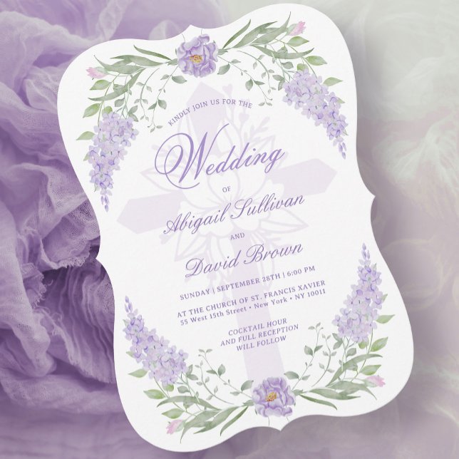 Convite Floral Lilac Lavender Frame Religious Wedding (Criador carregado)
