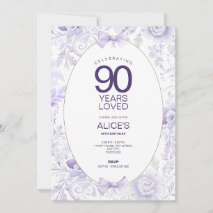 Convite Floral Lilás Vintage Moderno Aniversário de 90 Ano