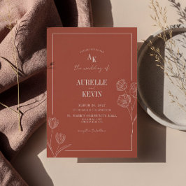 Convite Floral Line Art Rustic Terracota Elegant Wedding 