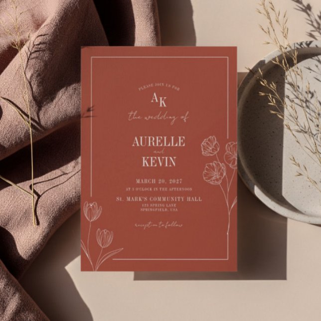 Convite Floral Line Art Rustic Terracota Elegant Wedding  (Criador carregado)