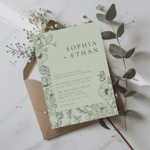 Convite Floral Line Art Sage Green Wedding