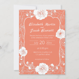 Convite Floral Line Art White e Salmon Wedes