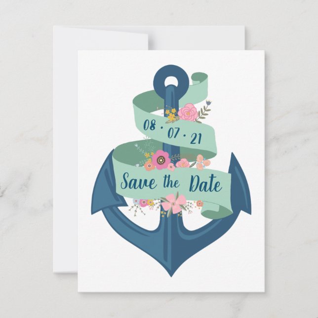 Convite Floral Listras Náuticas de Casamento Save the Date (Frente)