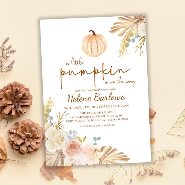 Convite Floral Little Pumpkin Boho Chá de fraldas (Floral Little Pumpkin Boho Baby Shower Invitation)