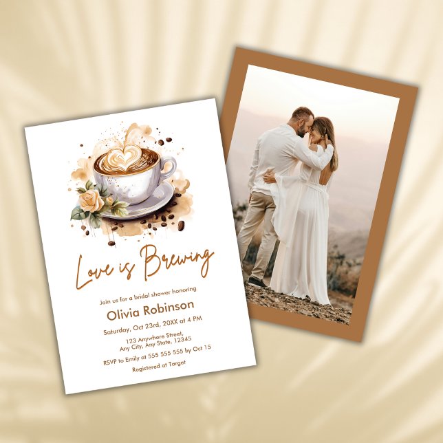 Convite Floral Love é o Chá de panela de Foto Marrom (Floral Love is Brewing Brown Photo Bridal Shower Invitation  )