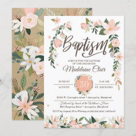 Convite Floral lunático cora baptismo cor-de-rosa & branco