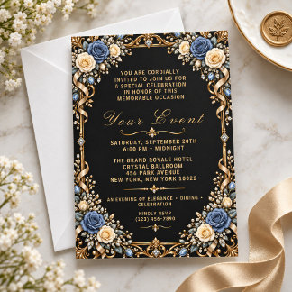 Convite Floral Luxuoso Preto Dourado Elegante Real