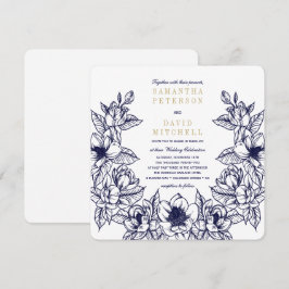 Convite Floral Magnolia Wreath | Azul e Dourado | Casament