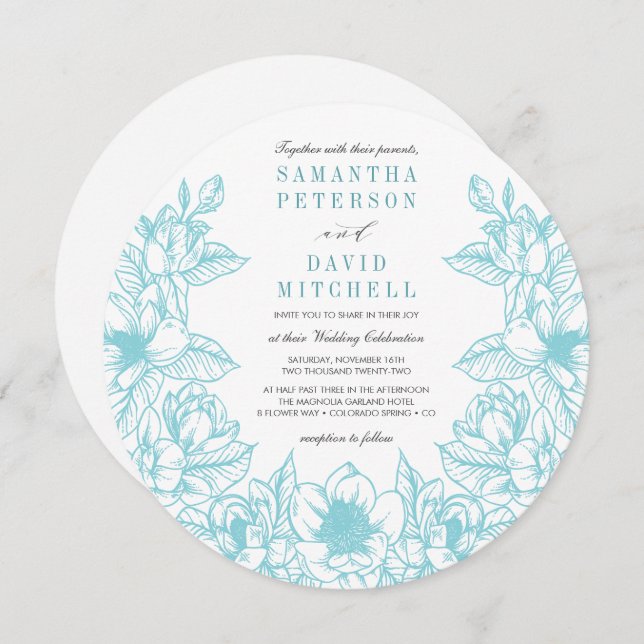 Convite Floral Magnolia Wreath | Azul pálido | Casamento (Frente/Verso)