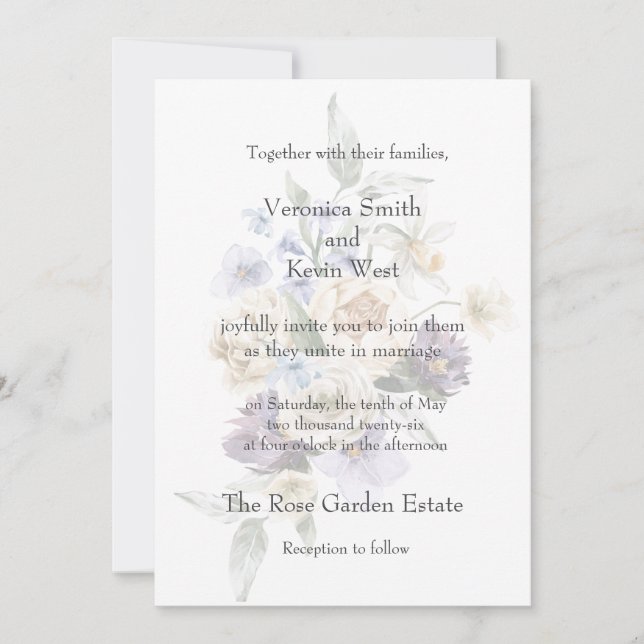 Convite Floral Marfim, Lavanda e Azul Elegante 5x7 (Frente)
