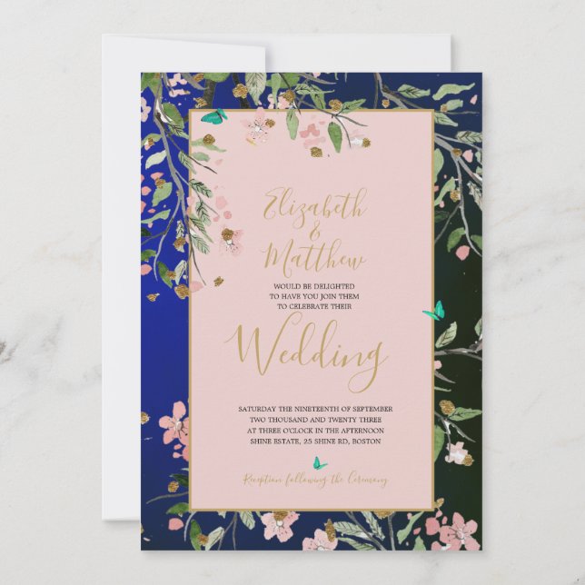 Convite Floral Marinho Azul Elegante, Rosa e Chinoiserie D (Verso)